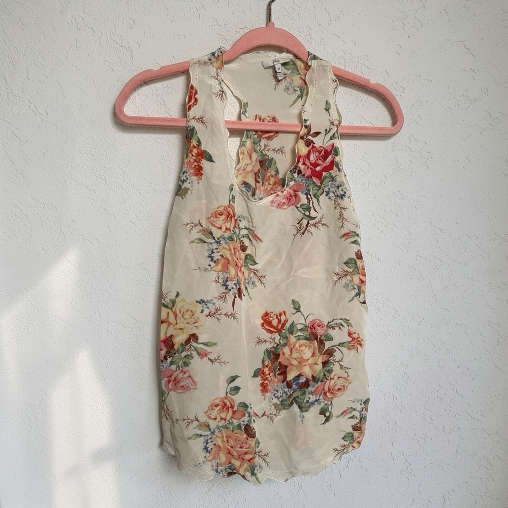 Vintage Silk Floral Tank Top Cream Rose Print Sheer Romantic Blouse M